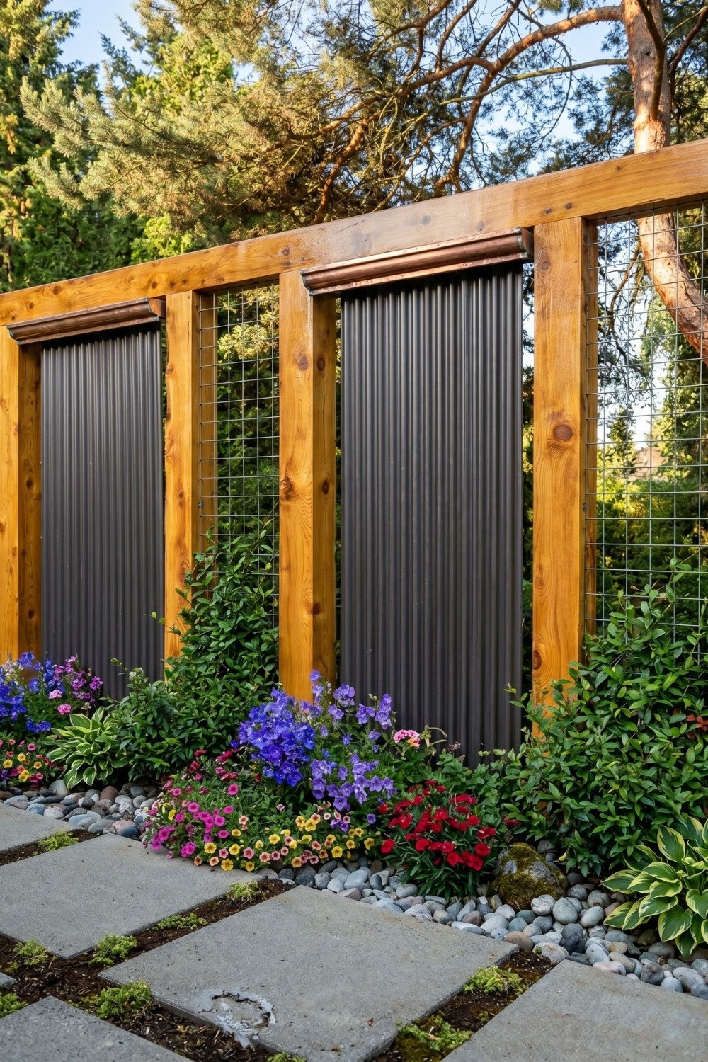 23. Corrugated Metal and Wood Privacy Fence Design With Mesh Panels and Flower Landscaping