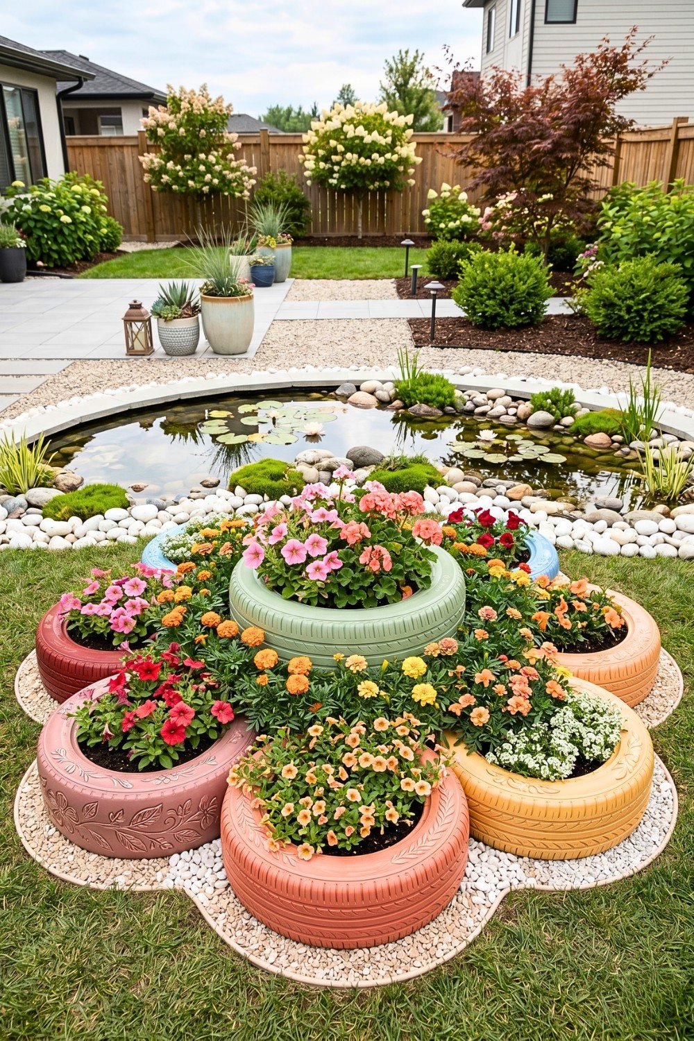 23. Flower Shaped Tire Planters Bring Bright Backyard Garden Charm