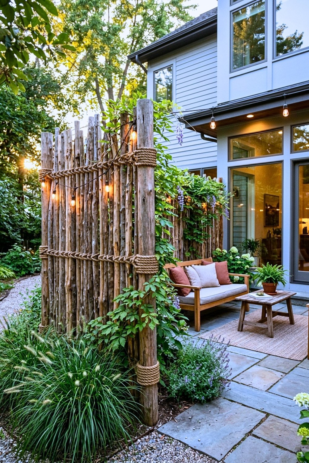 24. Rustic Wood Log Privacy Fence Patio With Rope Details, String Lights, and Climbing Vines