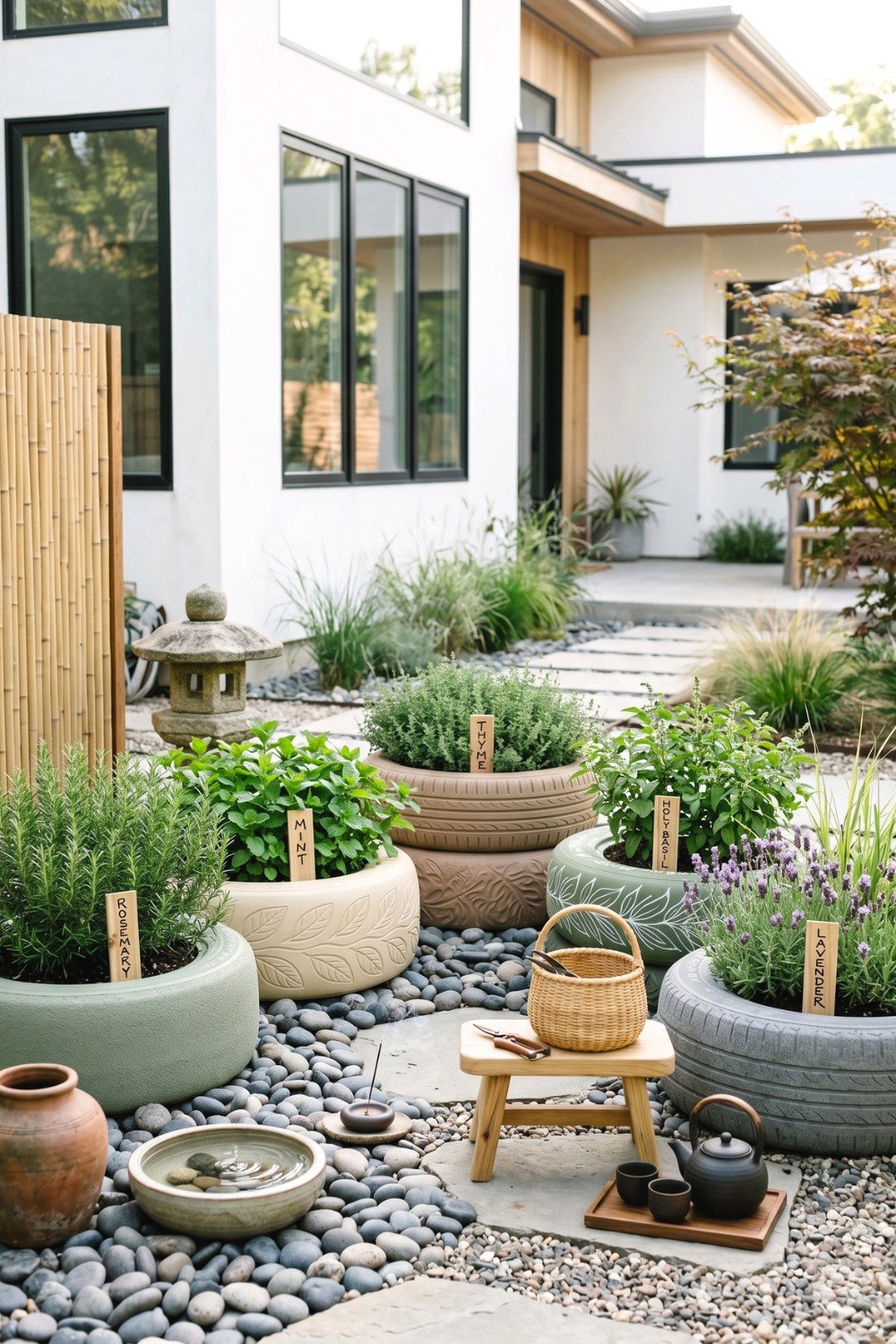 24. Tire Herb Garden Creates a Calm Zen Corner Outside the Home