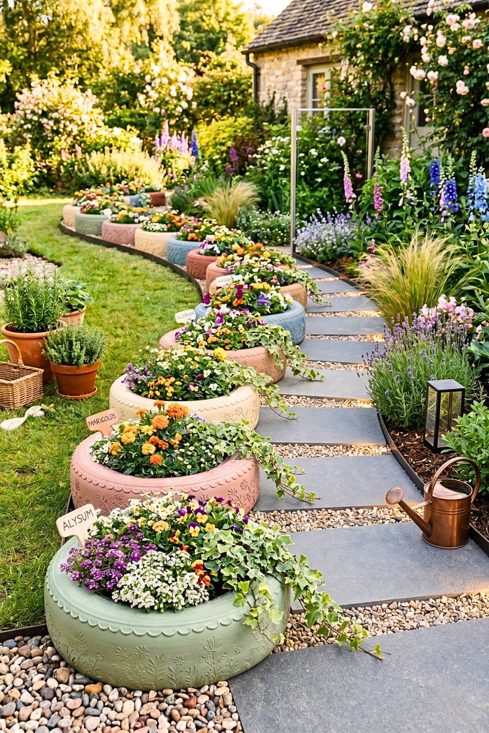 25. Blooming Tire Pathway Turns a Garden Walkway Into Creative Yard Decor