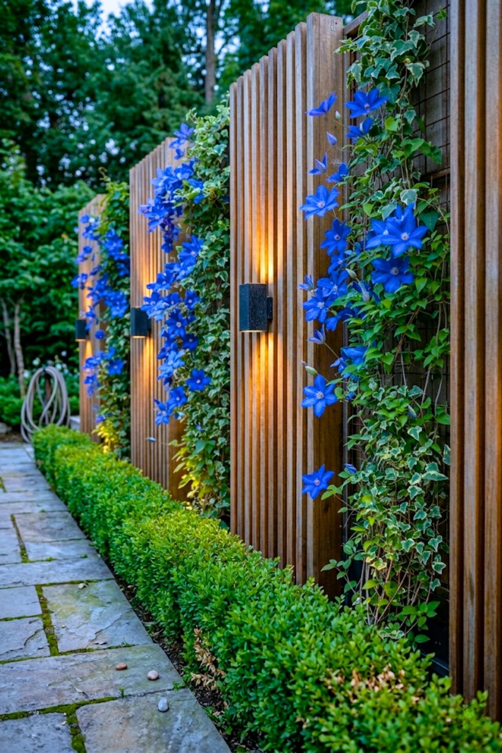 25. Vertical Wood Privacy Fence Design With Blue Flowering Vines and Warm Garden Lighting