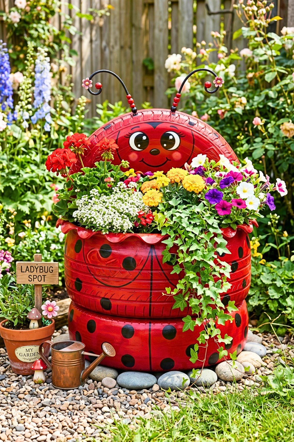 26. Ladybug Tire Planter Adds Playful Garden Art Kids Will Love