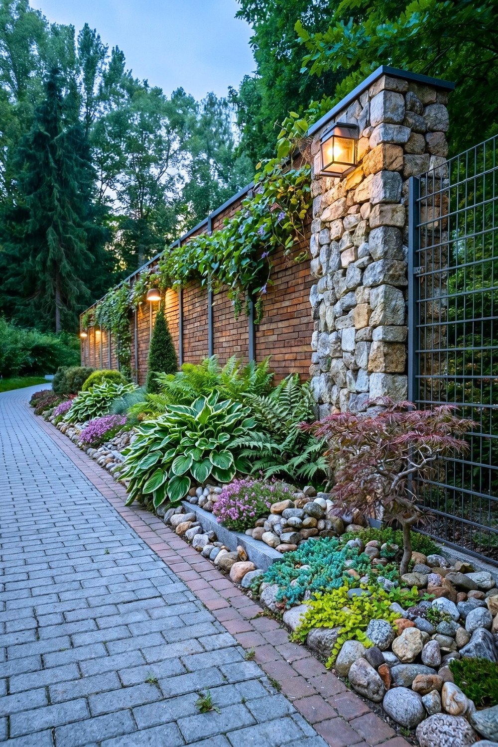 26. Wood and Stone Privacy Fence Around House With Metal Panels, Vines, and Rock Landscaping
