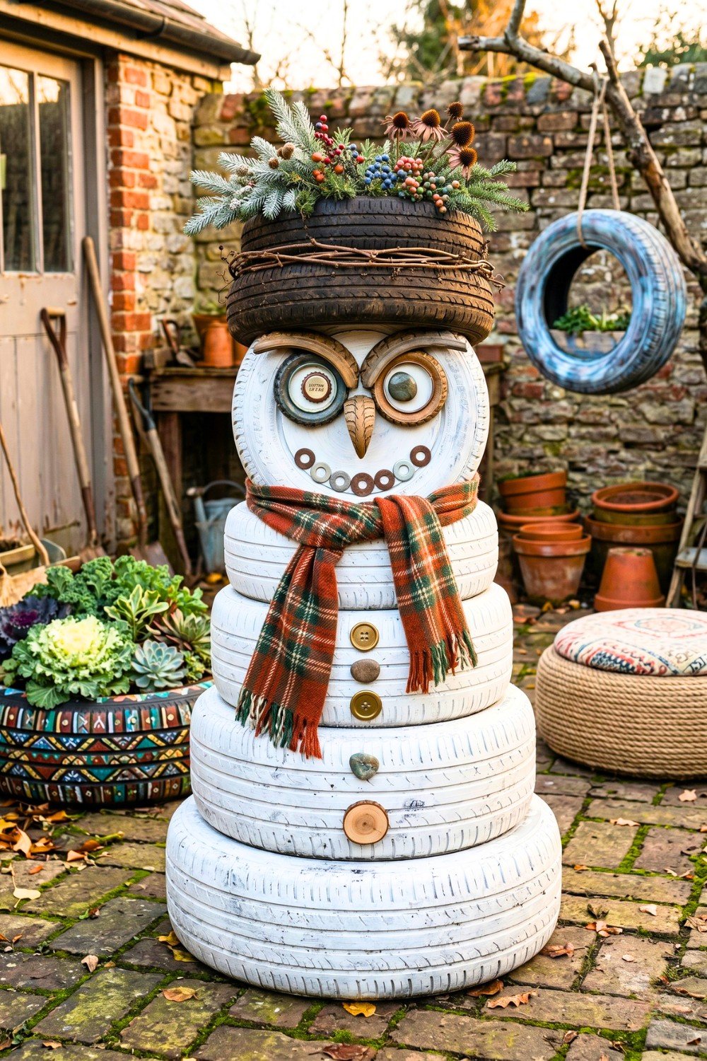29. Rustic Tire Snowman Display Brings Creative Christmas Decor Outside