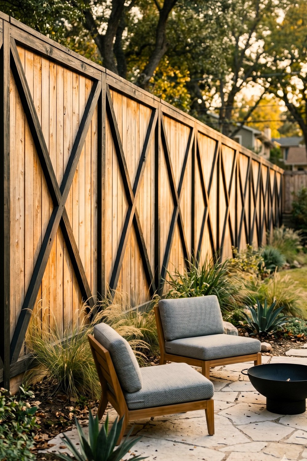 3. Tall Wood Privacy Fence Design With Black Decorative X Panels Along a Backyard Seating Area