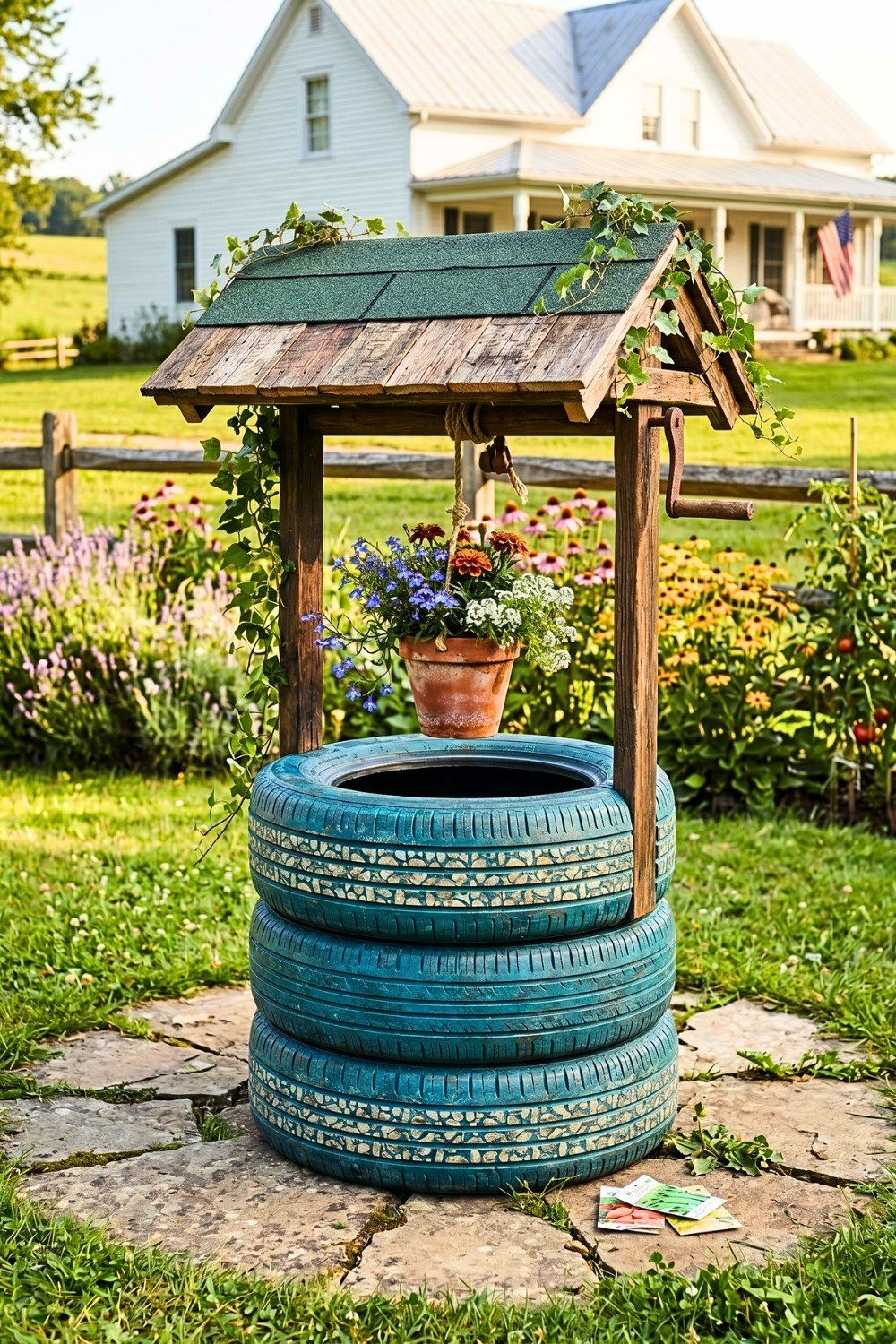 32. Farmhouse Tire Wishing Well Planter Adds Rustic Charm to the Garden