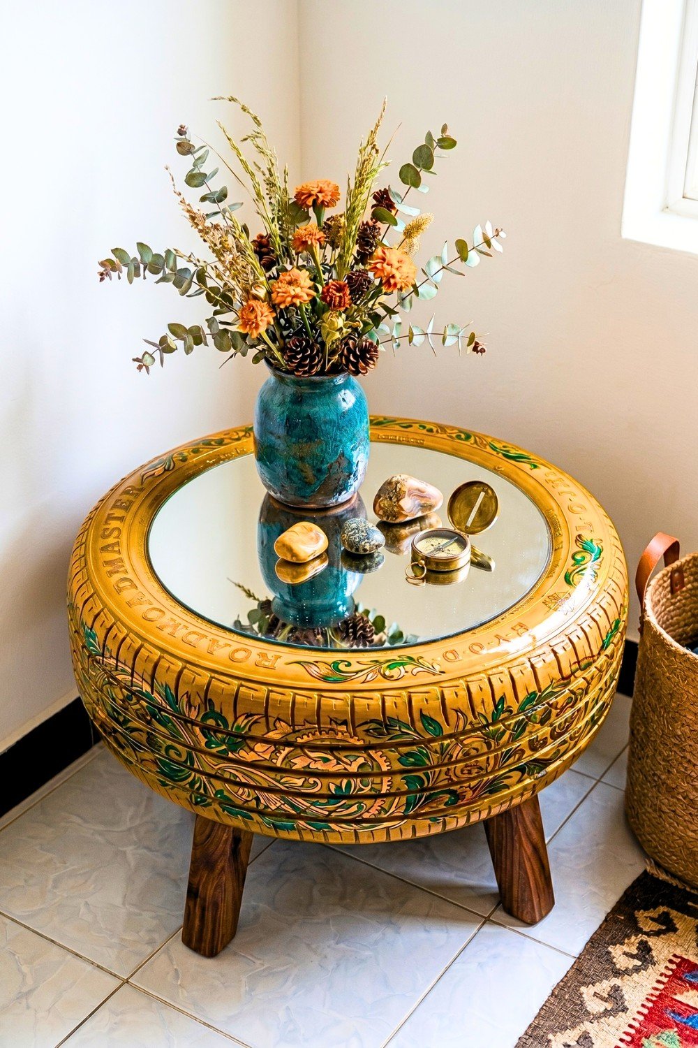 33. Ornate Tire Coffee Table Brings Creative Recycled Art Into Home Decor