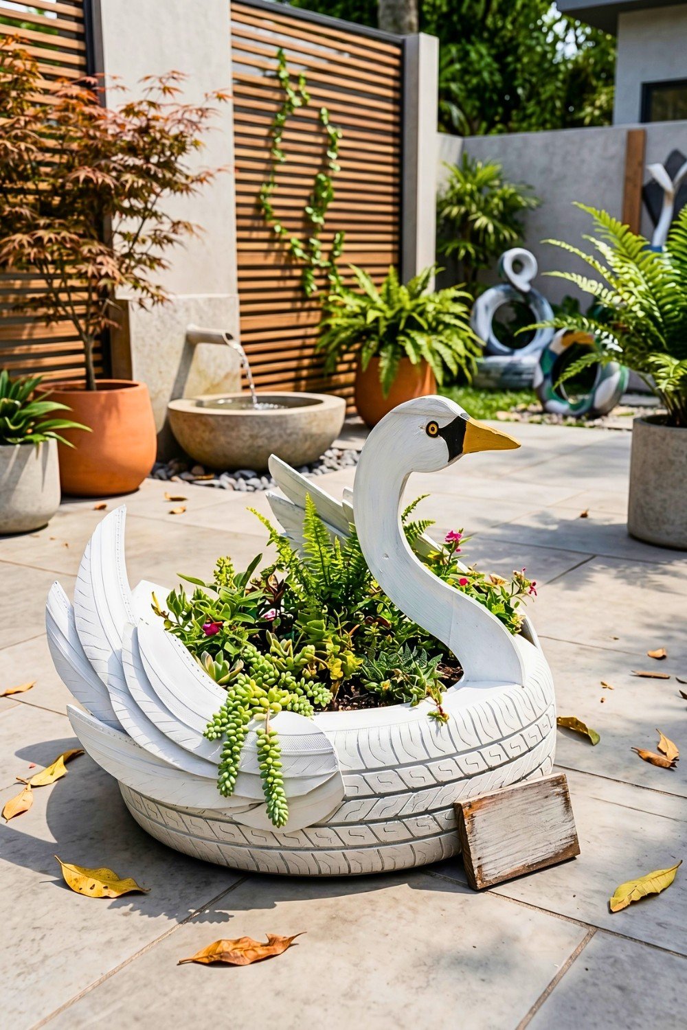 34. Swan Tire Planter Adds Elegant Garden Art to an Outdoor Patio