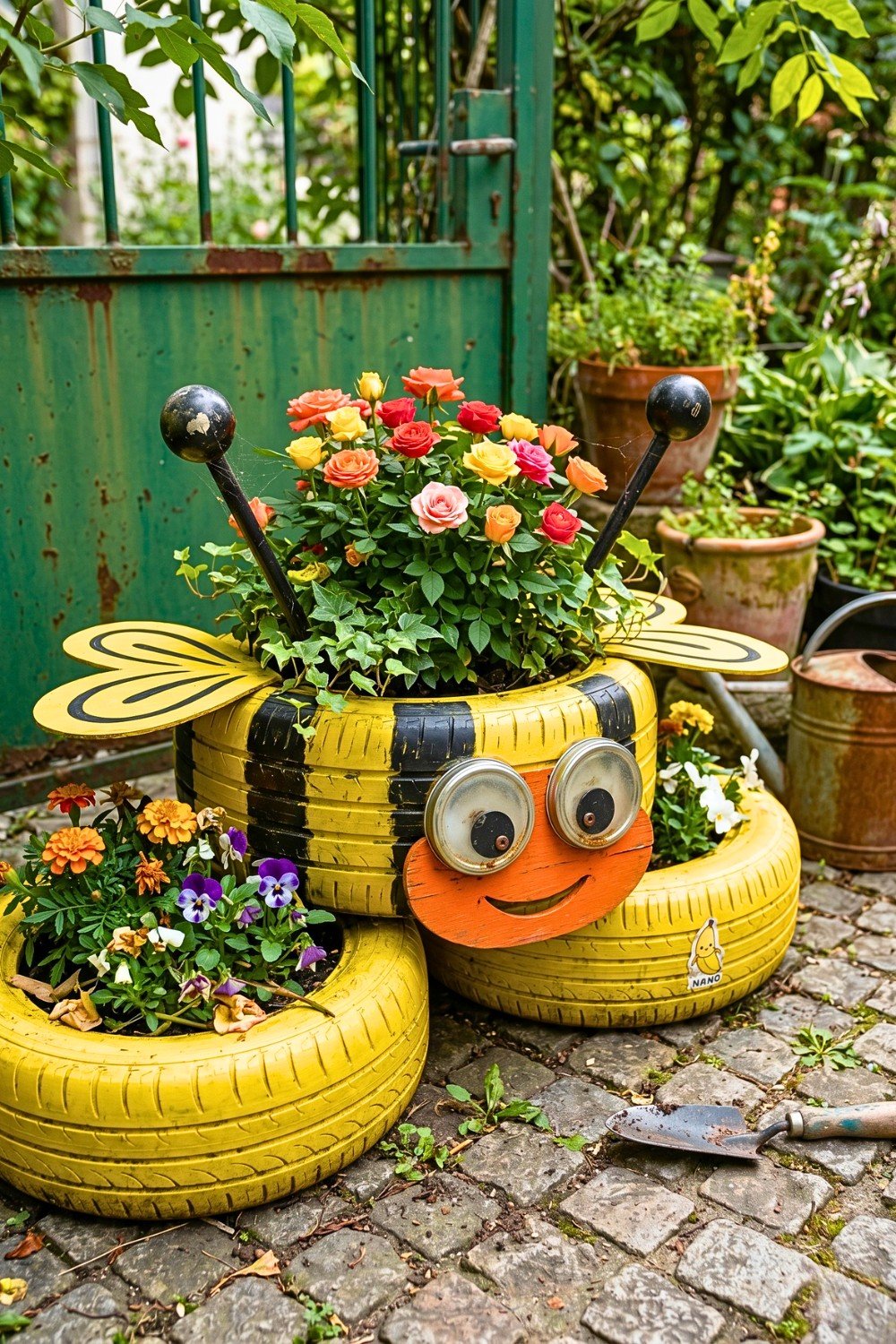 35. Bumblebee Tire Planter Brings Playful Kids Garden Decor to the Yard