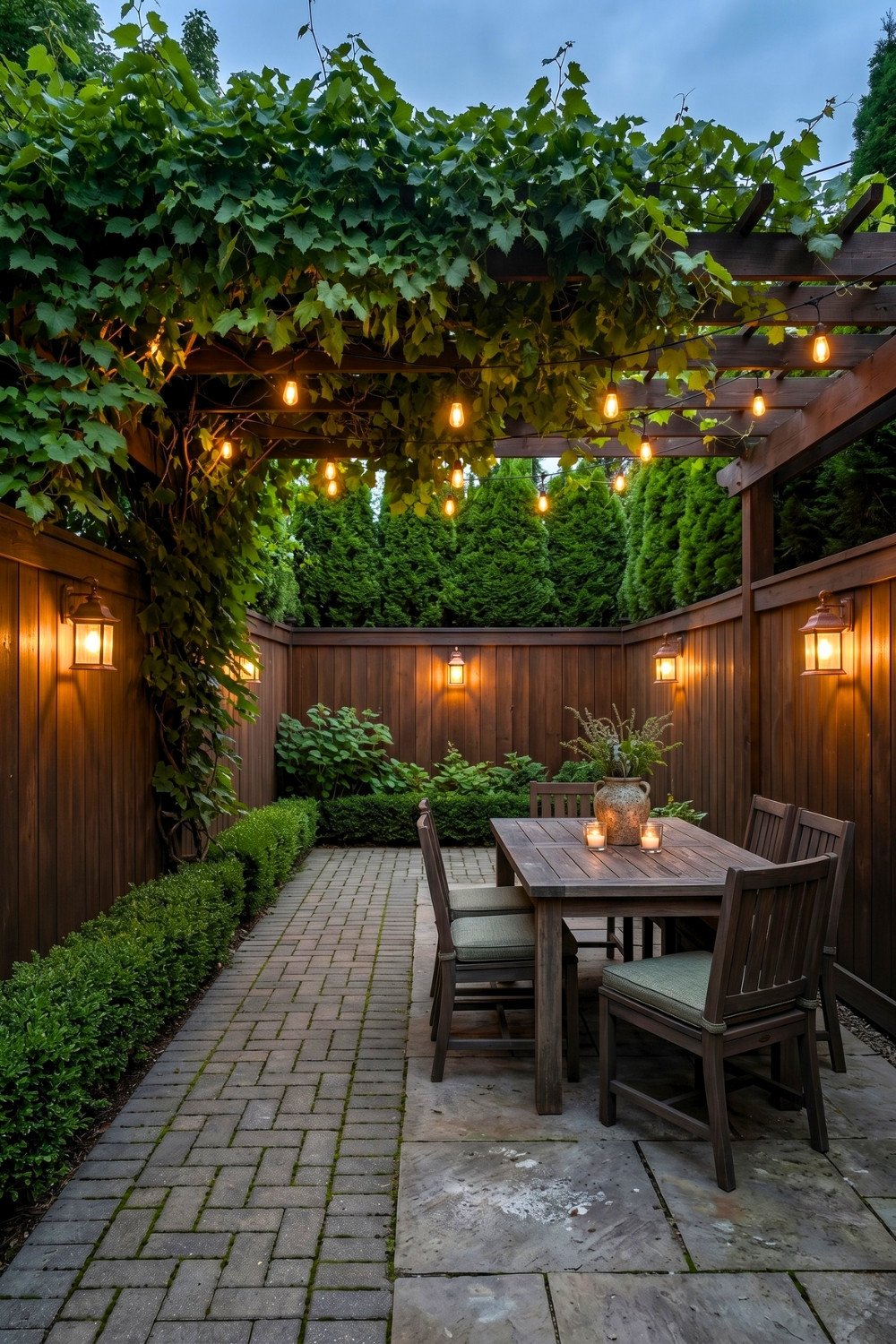 4. Pergola Privacy Fence Patio With Vines, String Lights, and Warm Outdoor Dining Lighting