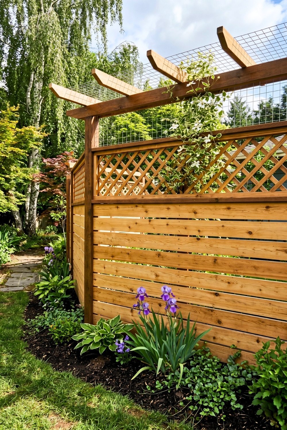 5. Trellis Privacy Fence Design With Horizontal Wood Slats, Lattice Panels, and Garden Landscaping