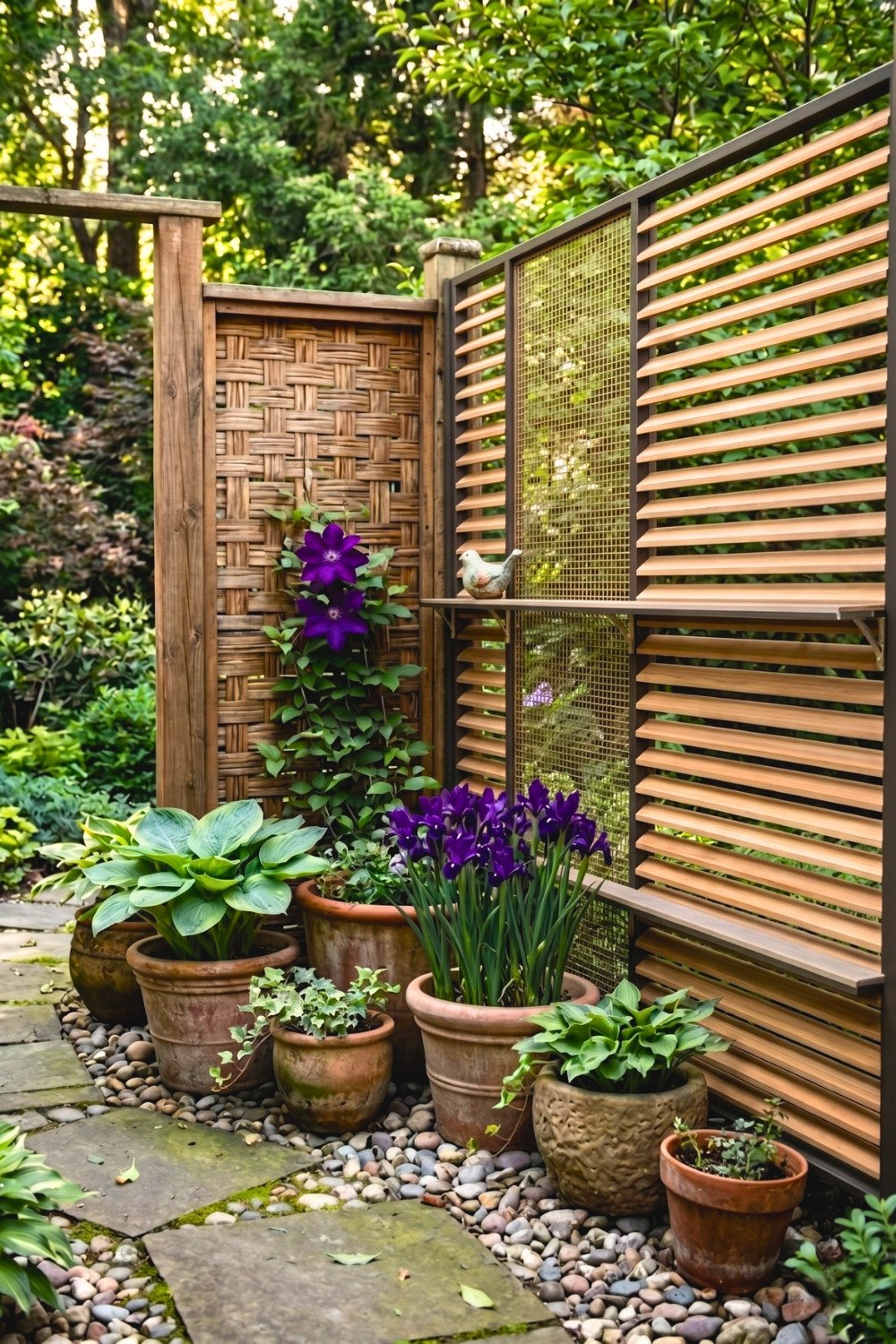 6. Mixed Wood and Metal Privacy Fence Panels With Potted Plants for a Garden Corner