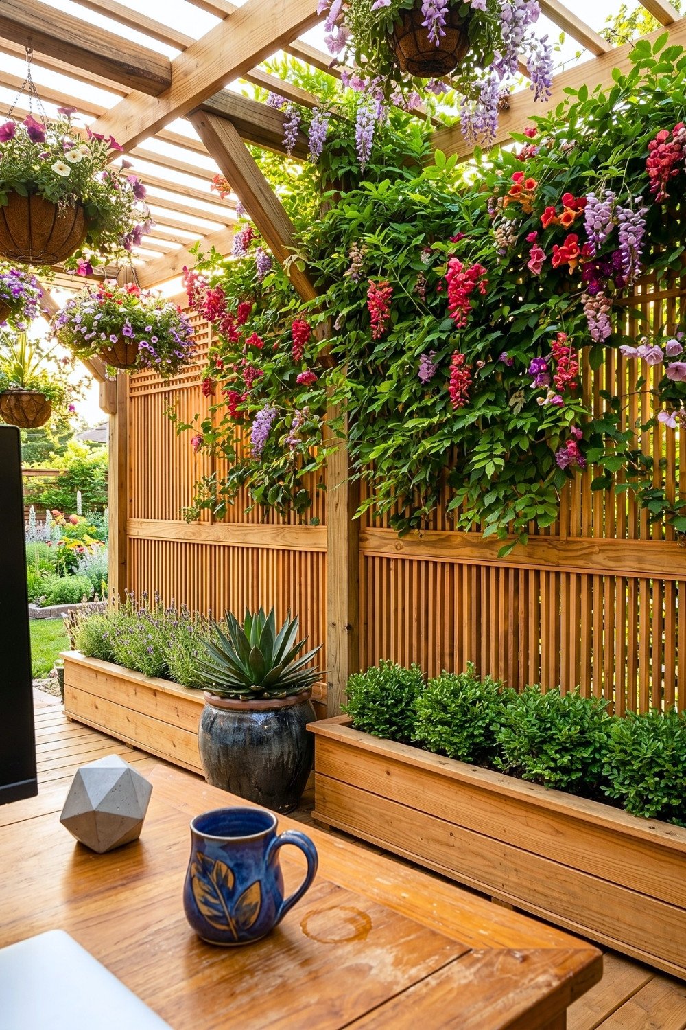 7. Wood Pergola Privacy Fence Patio With Lattice Panels, Hanging Flowers, and Raised Planters