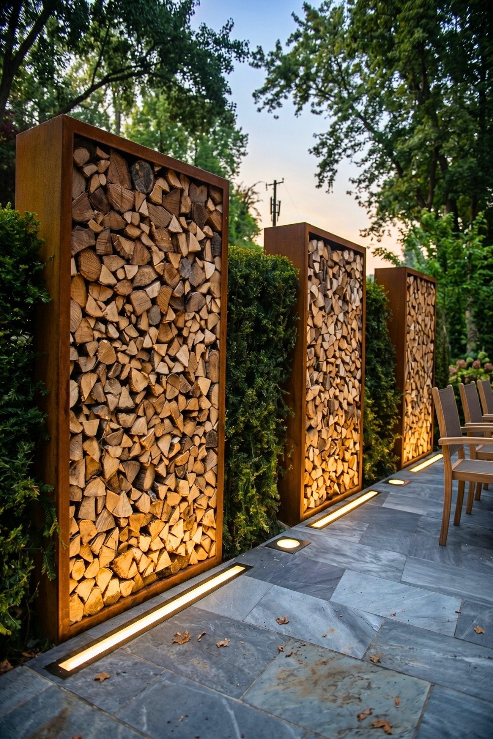 8. Decorative Firewood Privacy Fence Screens With Hedge Panels and Warm Patio Lighting