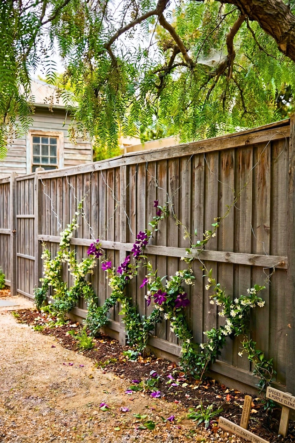 9. Weathered Wood Privacy Fence Design With Flowering Vines Along a Garden Path