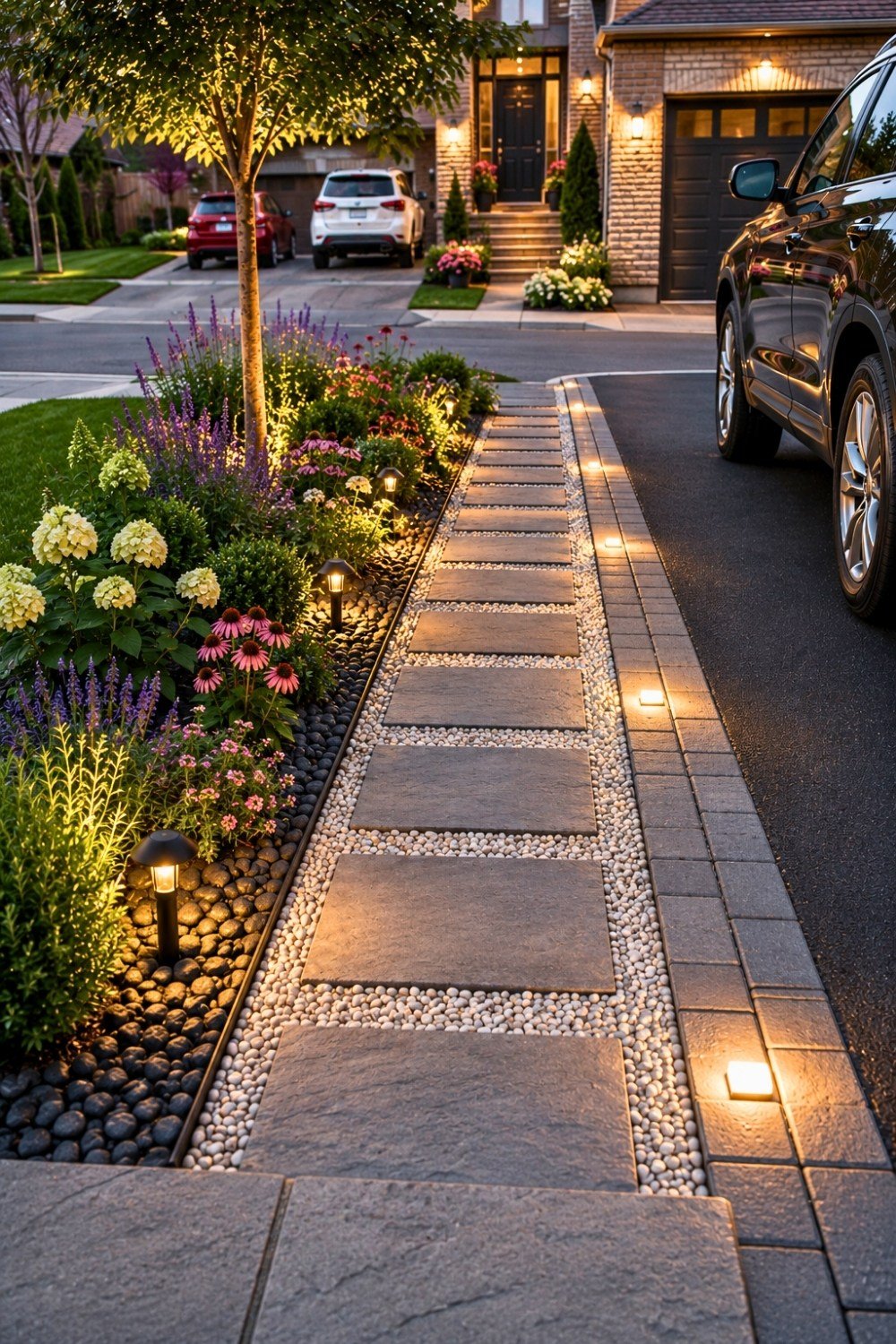 1. Driveway Decor Ideas Featuring Illuminated Stepping Stones, Colorful Flower Beds, and Modern Landscape Lighting