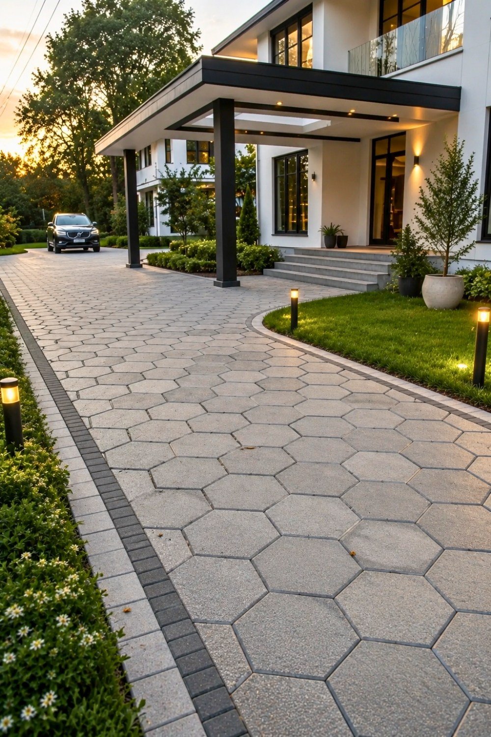 10. Modern Driveway Decor Ideas Featuring Hexagon Concrete Pavers, Outdoor Bollard Lights, and Contemporary Driveway Landscape