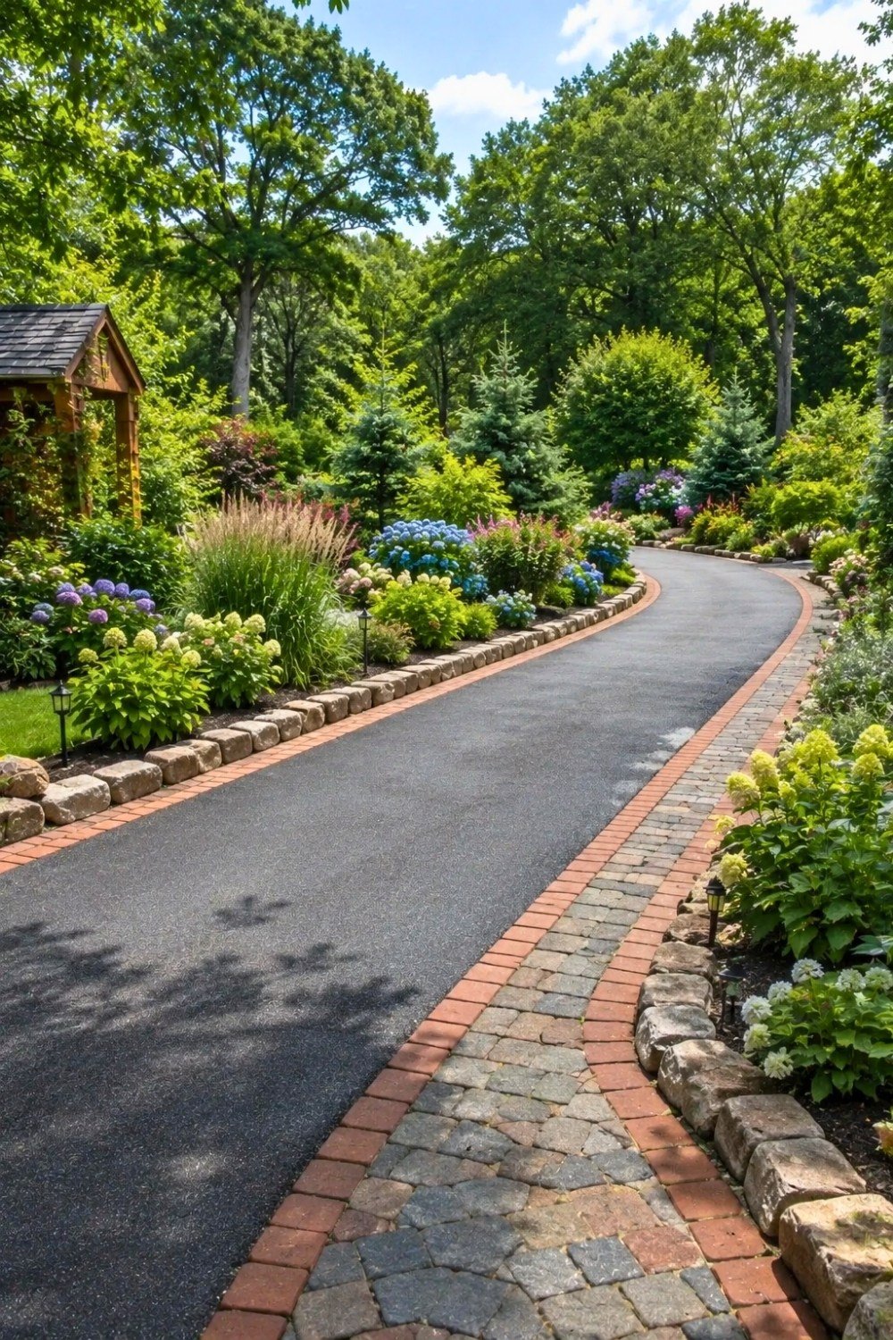 11. Long Driveway Decor Ideas with Curved Asphalt Driveway, Colorful Flower Borders, and Lush Woodland Driveway Landscape