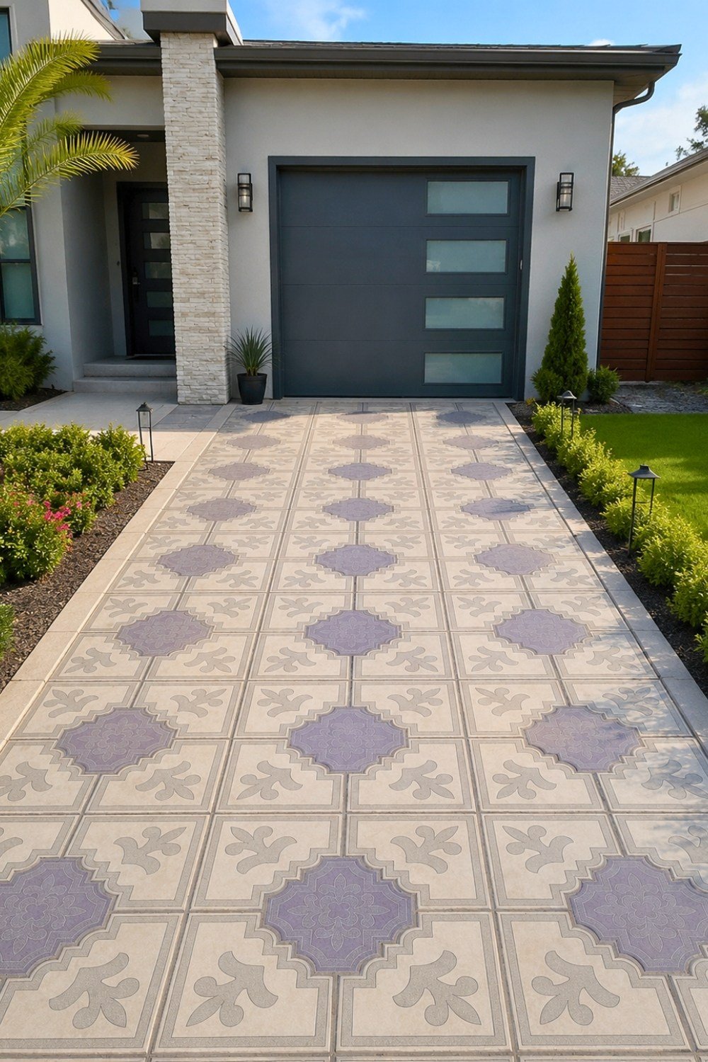 12. Modern Front Yard Driveway Decor Ideas Featuring Decorative Concrete Tile Pattern and Minimalist Landscaping