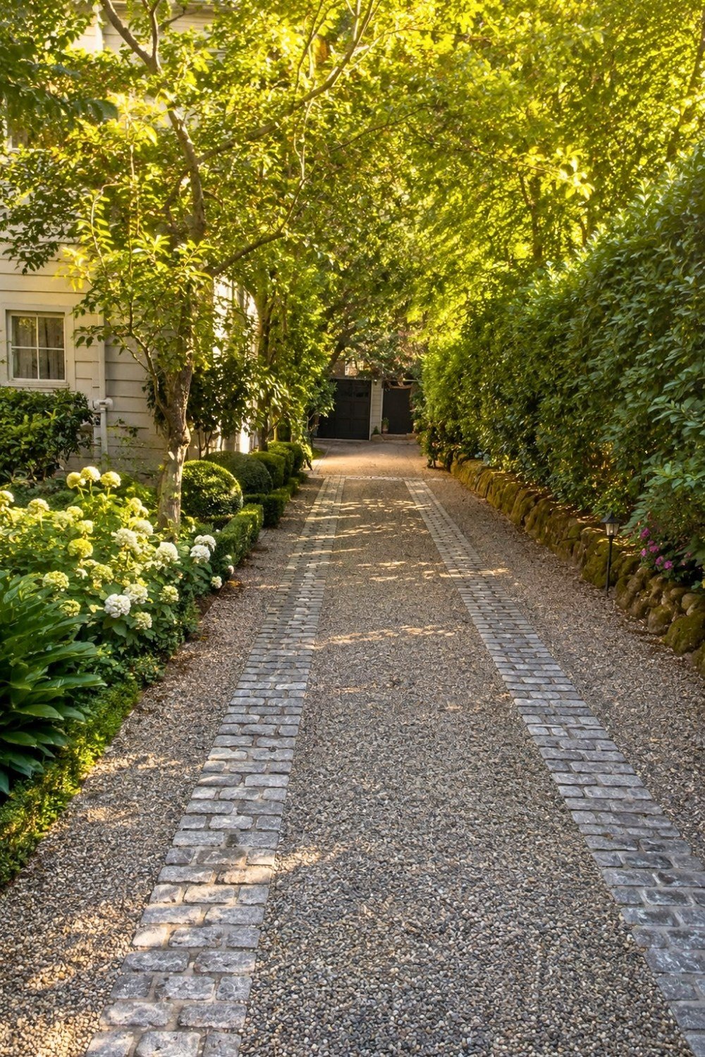 13. Gravel Driveway Decor Ideas with Cobblestone Wheel Tracks, Private Drive Entrance, and Mature Garden Landscape