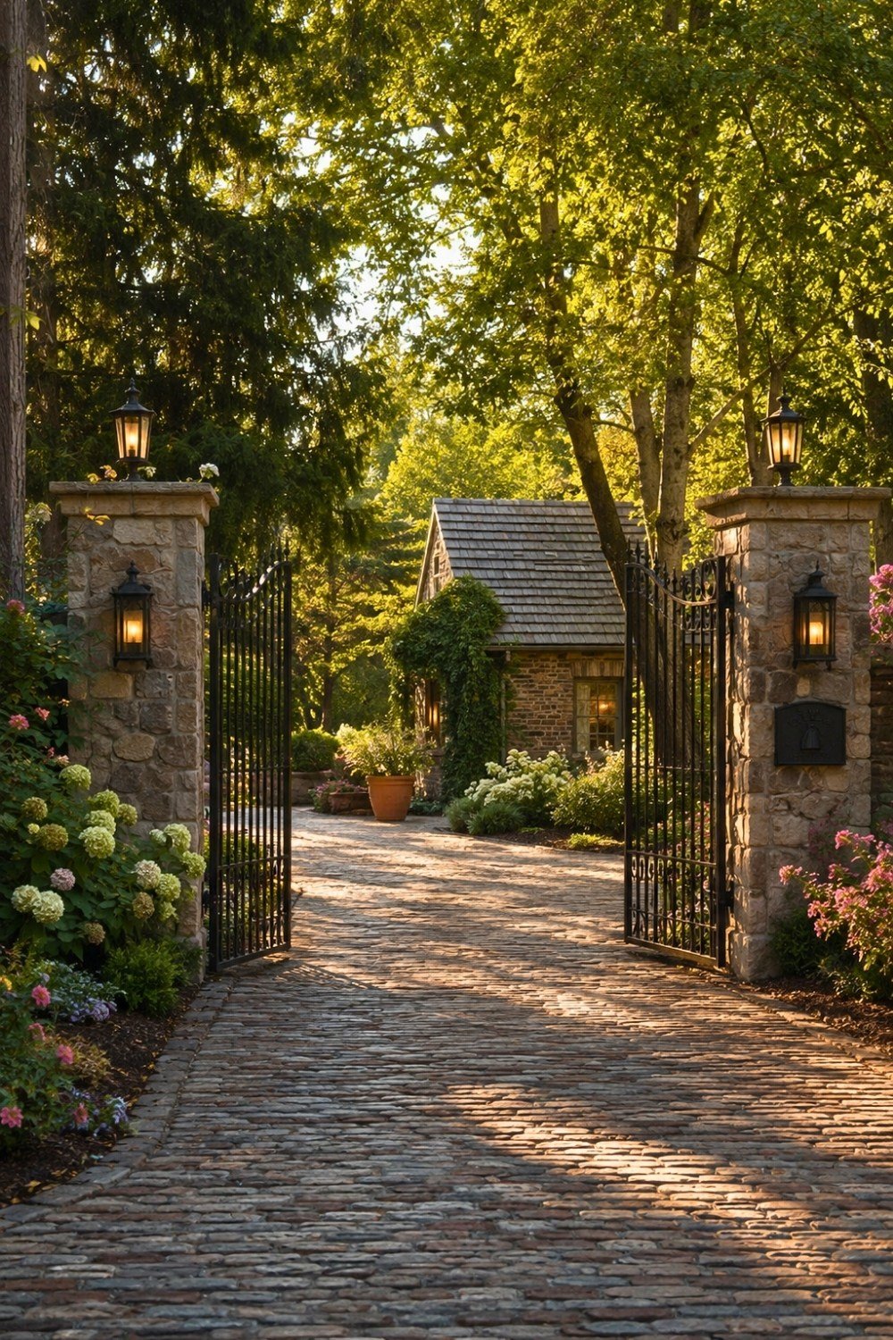 15. Elegant Entrance Drive Decor Ideas with Stone Gate Pillars, Cobblestone Driveway, and Classic Lantern Lighting