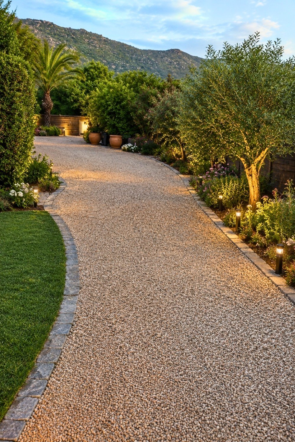 16. Curved Gravel Driveway Decor Ideas with Outdoor Lights, Mediterranean Landscaping