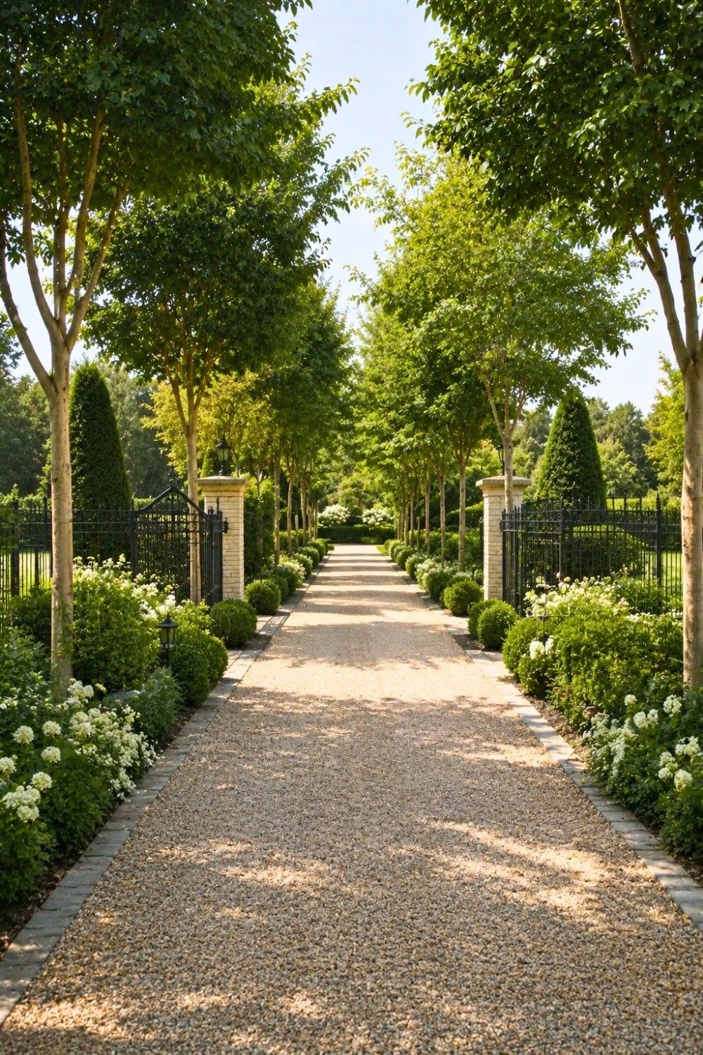 17. Long Gravel Driveway Landscape Ideas with Tree-Lined Entrance, Symmetrical Gardens, and Elegant Gate Posts