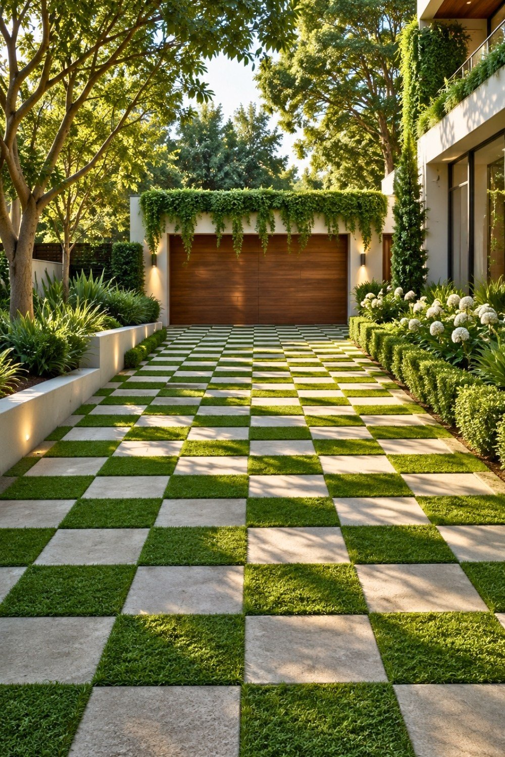 18. Modern Front Yard Driveway Decor Ideas Featuring Checkerboard Grass-and-Concrete Pavers and Minimalist Landscaping.png