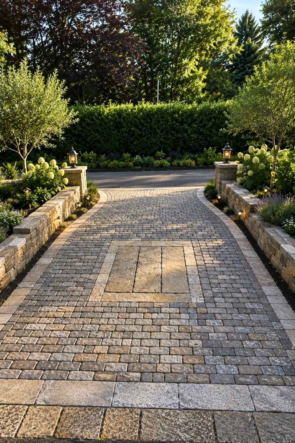 19. Elegant Motor Court Driveway Decor Ideas with Cobblestone Pavers, Stone Garden Walls, and Classic Outdoor Lights
