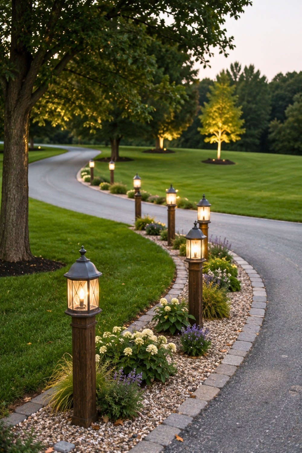 2. Long Driveway Decor Ideas with Classic Lantern Lights, Curved Driveway Landscape, and Mature Shade Trees