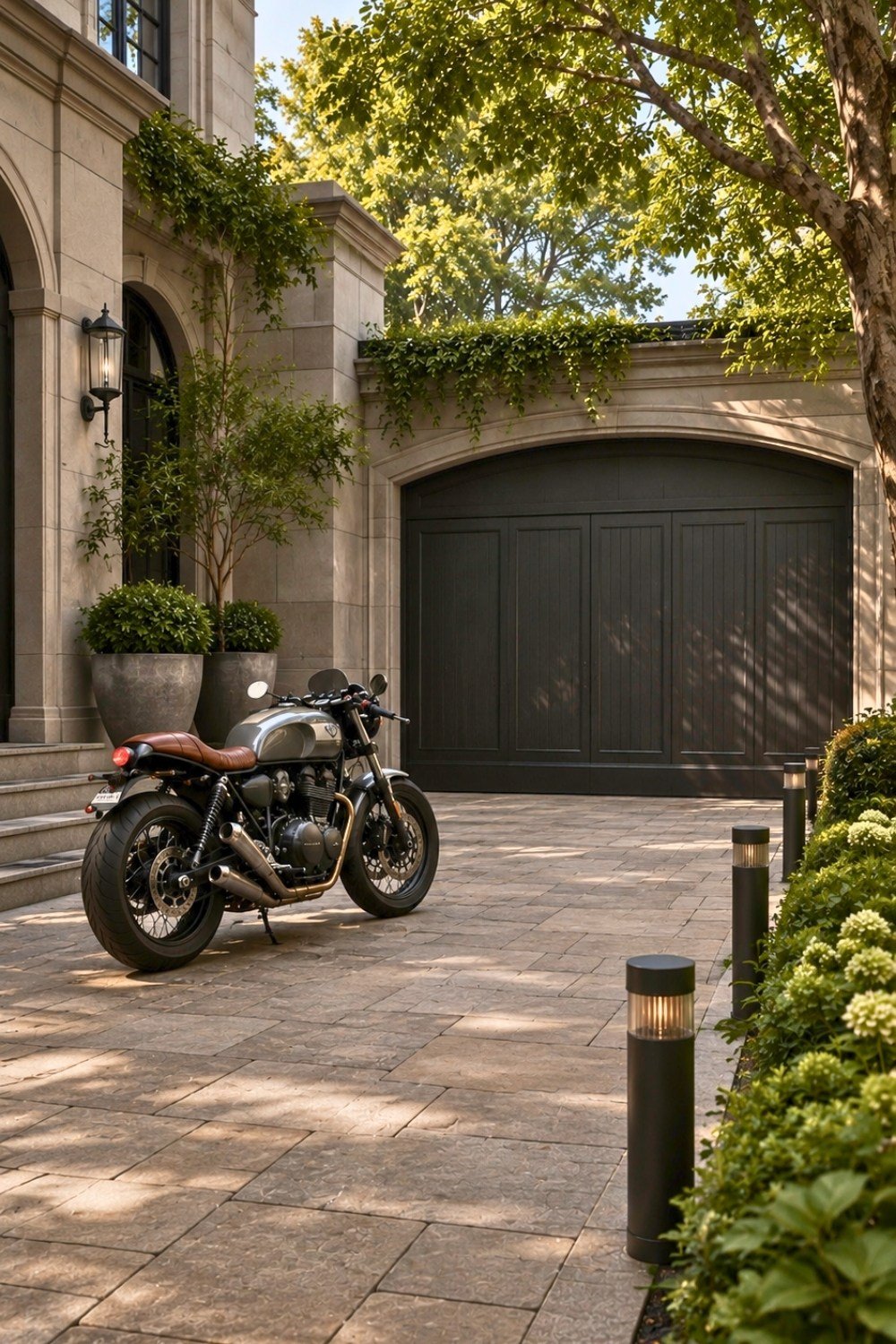 20. Luxury Front Yard Driveway Decor Ideas with Large Stone Pavers, Modern Bollard Lights