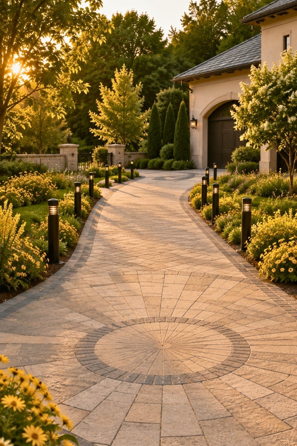21. Curved Front Yard Driveway Decor Ideas with Sunburst Concrete Paver Design, Outdoor Bollard Lights, and Blooming Garden Borders
