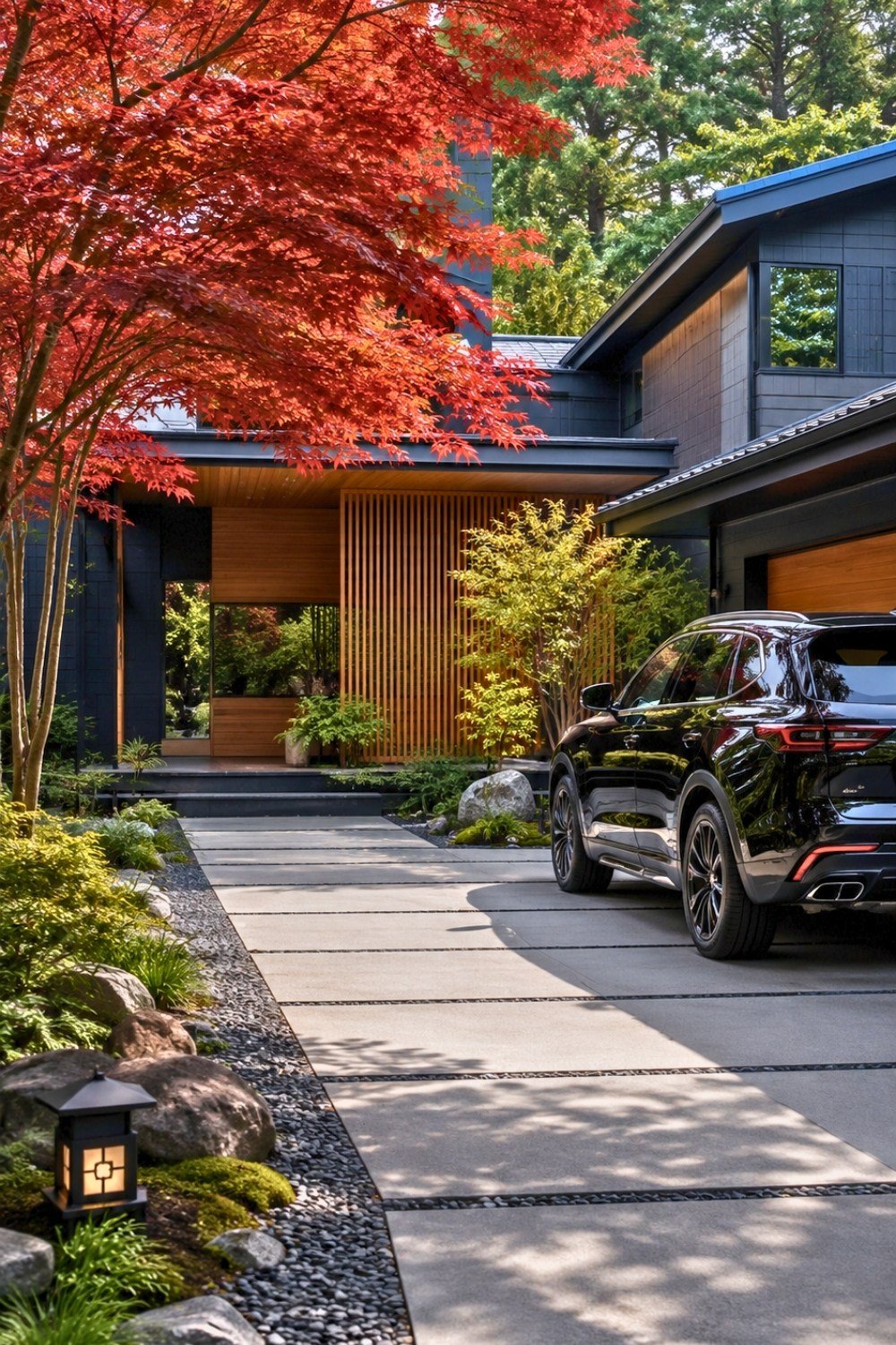 22. Modern Driveway Decor Ideas with Large Concrete Slab Pavers, Japanese Maple, and Black Rock Landscaping