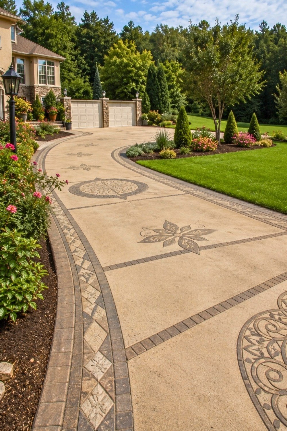 23. Decorative Concrete Driveway Ideas Featuring Custom Floral Inlays, Curved Borders, and Elegant Front Yard Landscaping