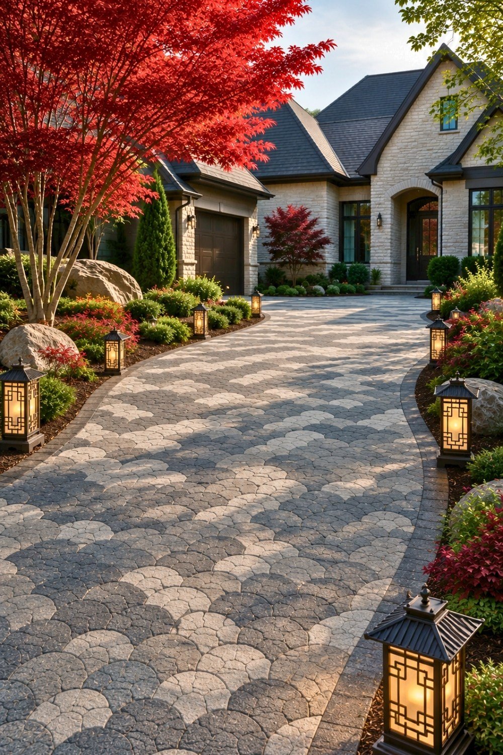 24. Elegant Driveway Decor Ideas with Fan-Pattern Pavers, Japanese-Inspired Outdoor Lanterns, and Red Maple Landscape