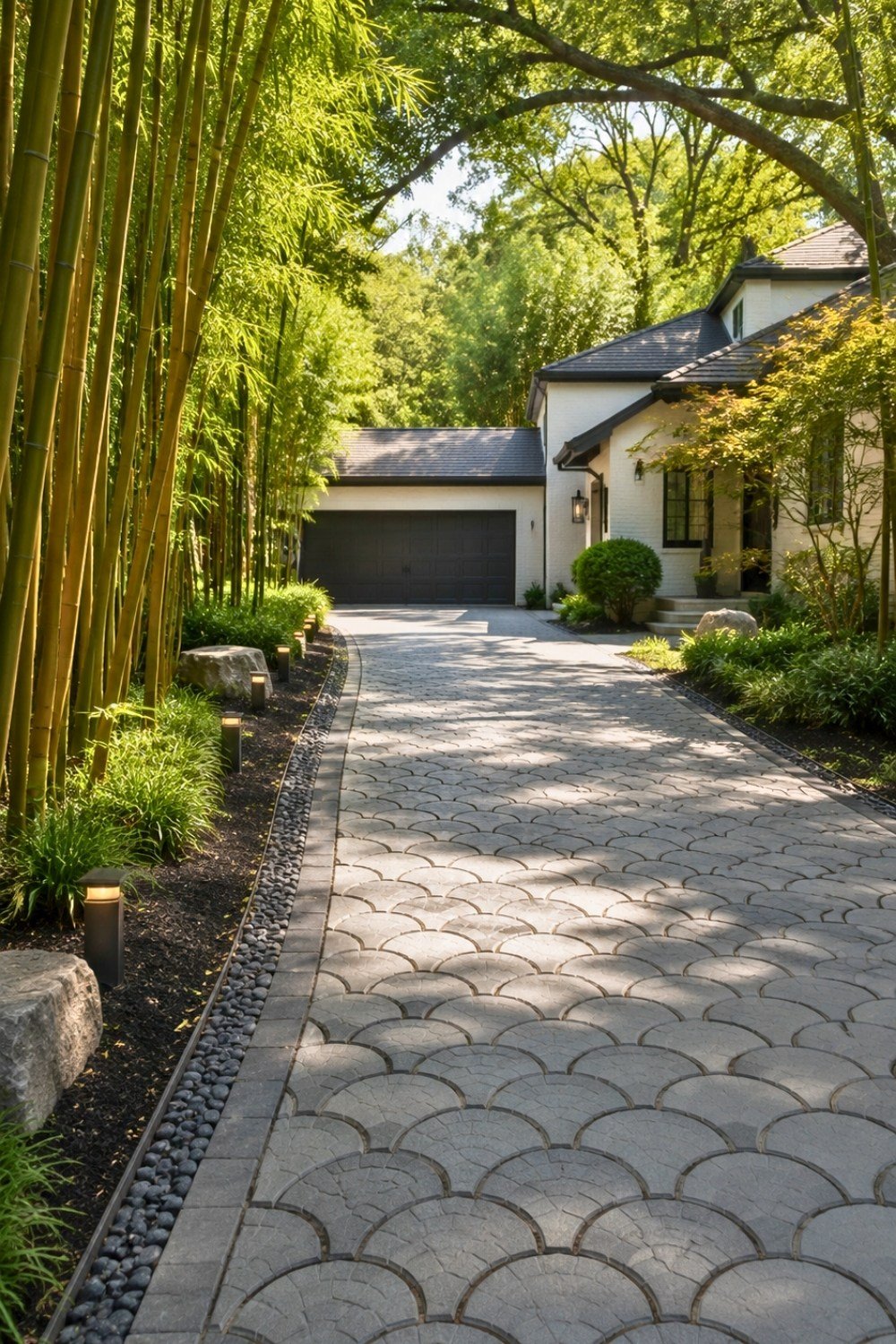 25. Bamboo-Lined Driveway Decor Ideas with Decorative Scallop Concrete Pavers, Modern Outdoor Lights, and Lush Green Landscaping