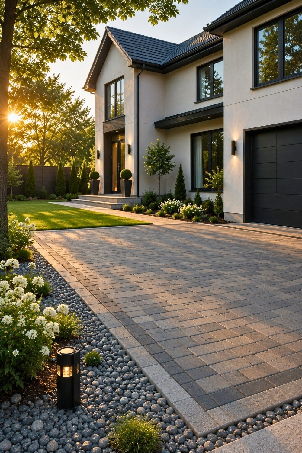 3. Modern Front Yard Driveway Decor Ideas with Concrete Pavers, Black Pebble Borders, and Minimalist Landscaping