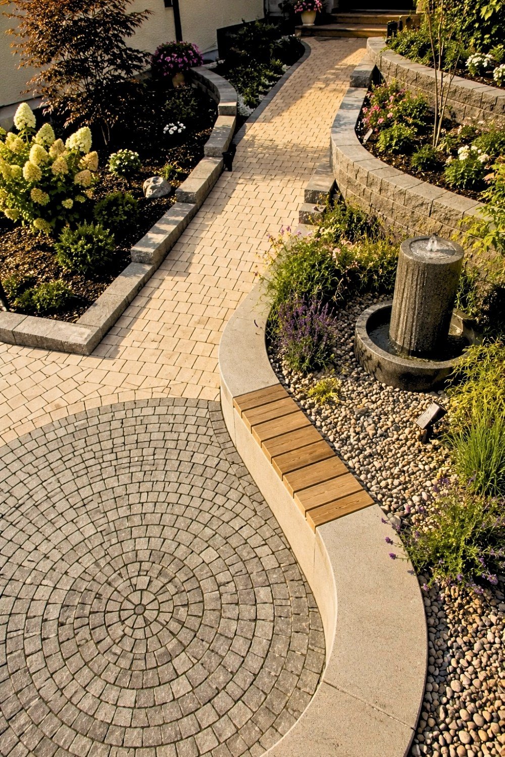 4. Curved Front Yard Driveway Decor Ideas with Circular Paver Design, Tiered Garden Beds, and Stone Water Feature