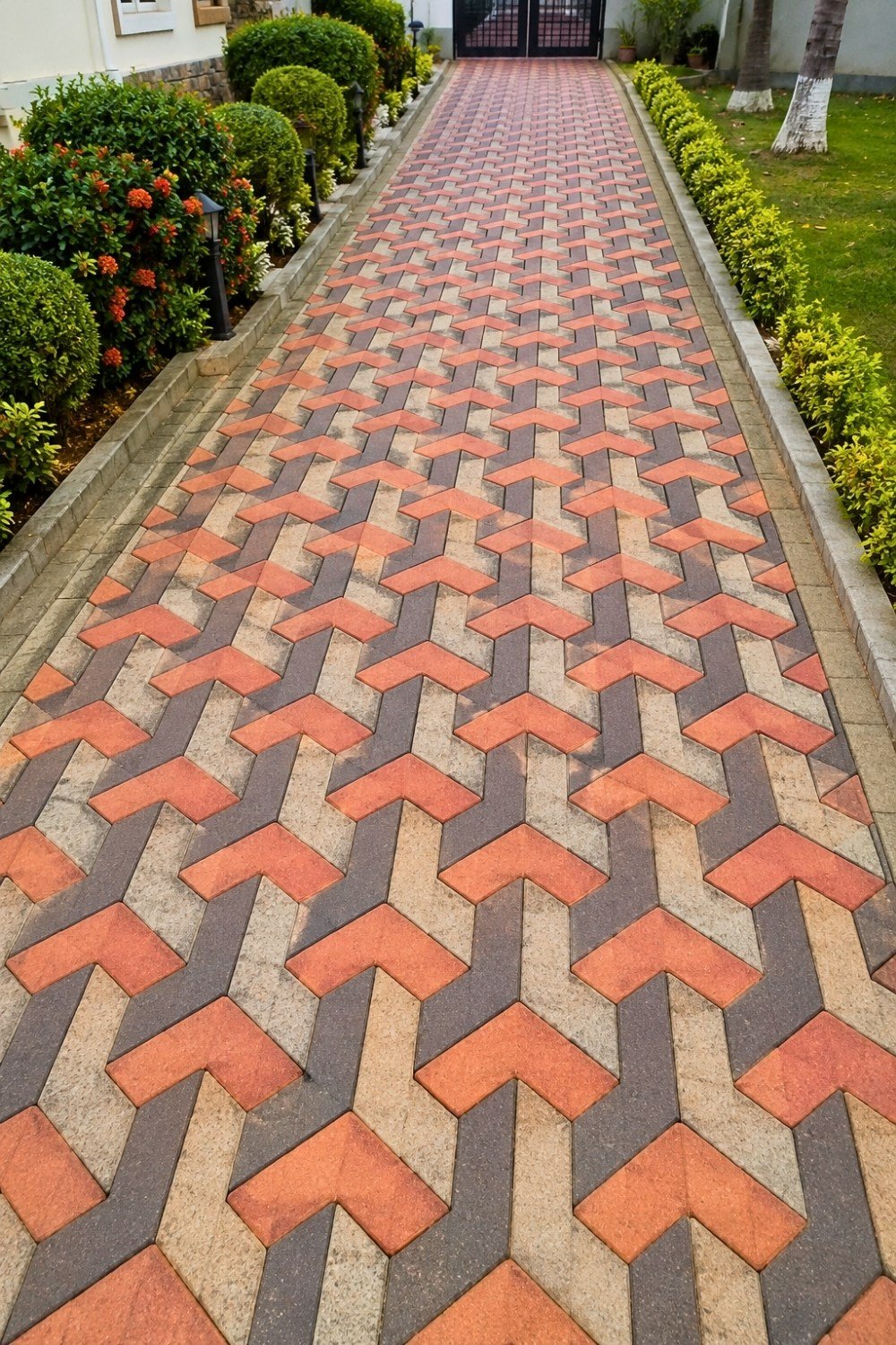 5. Decorative Concrete Driveway Ideas with Chevron Paver Pattern, Trimmed Shrubs, and Symmetrical Driveway Landscape