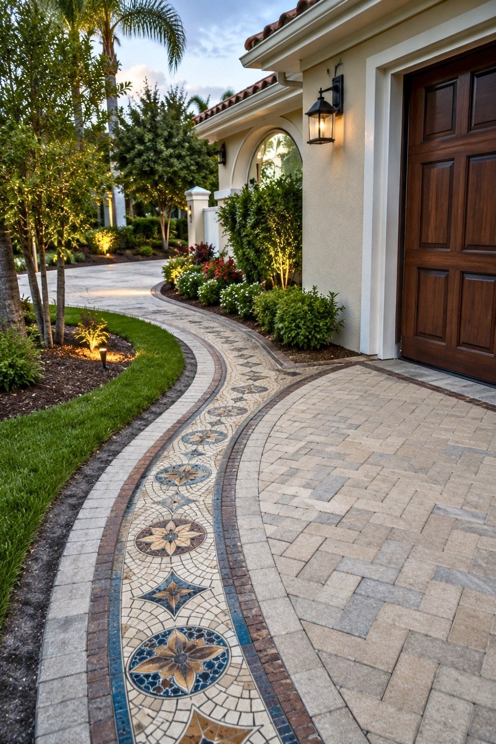 6. Curved Driveway Decor Ideas Featuring Decorative Mosaic Inlay, Elegant Outdoor Lights, and Lush Tropical Landscaping