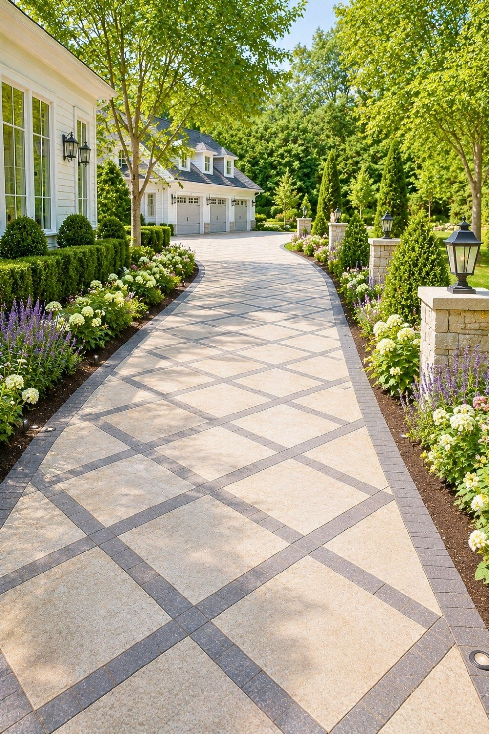7. Long Driveway Decor Ideas with Diamond Pattern Concrete Pavers, Symmetrical Driveway Landscape, and Classic Lantern Accents
