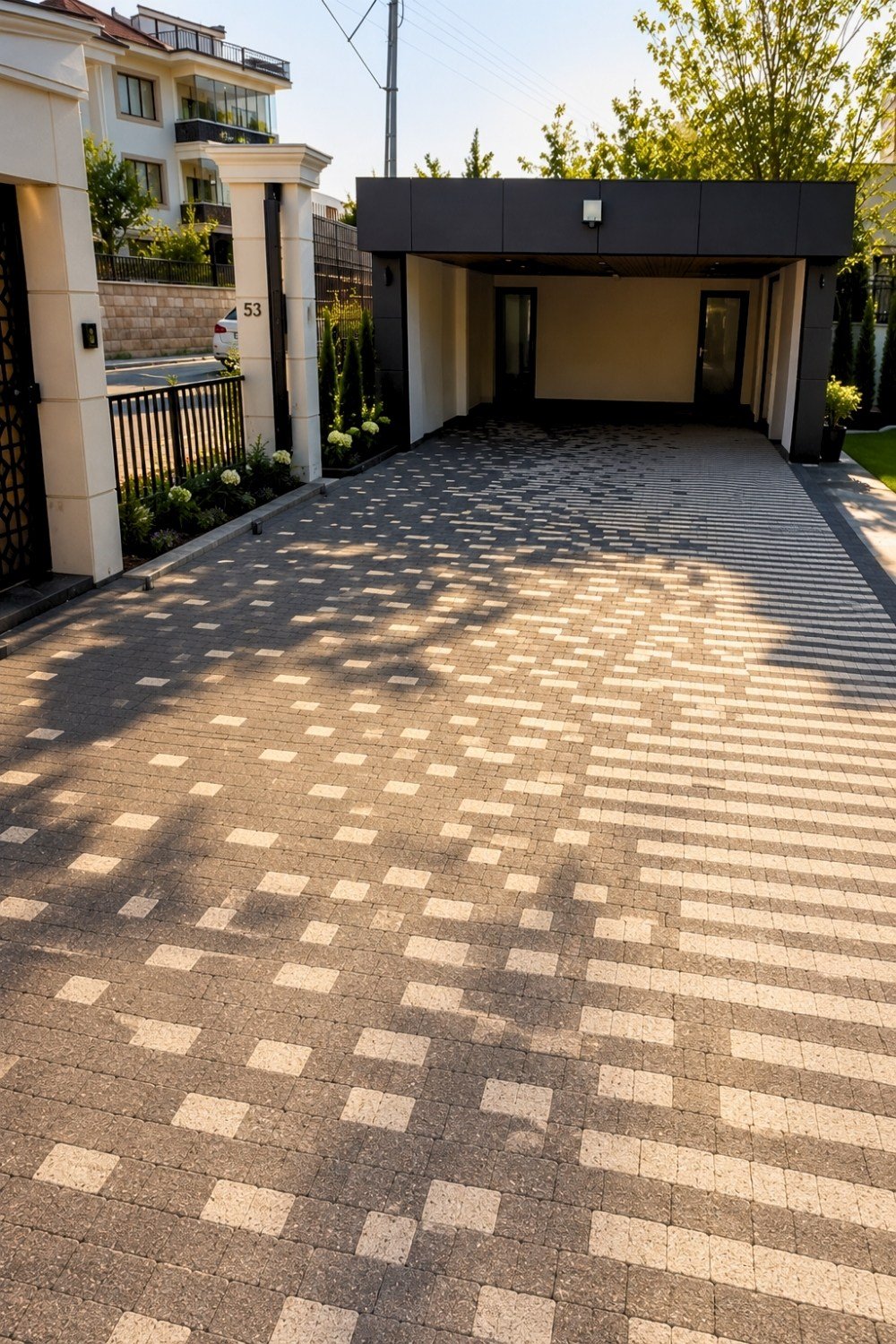 8. Modern Home Parking Area Ideas with Geometric Paver Design, Covered Vehicle Parking Space, and Minimalist Front Yard Landscaping