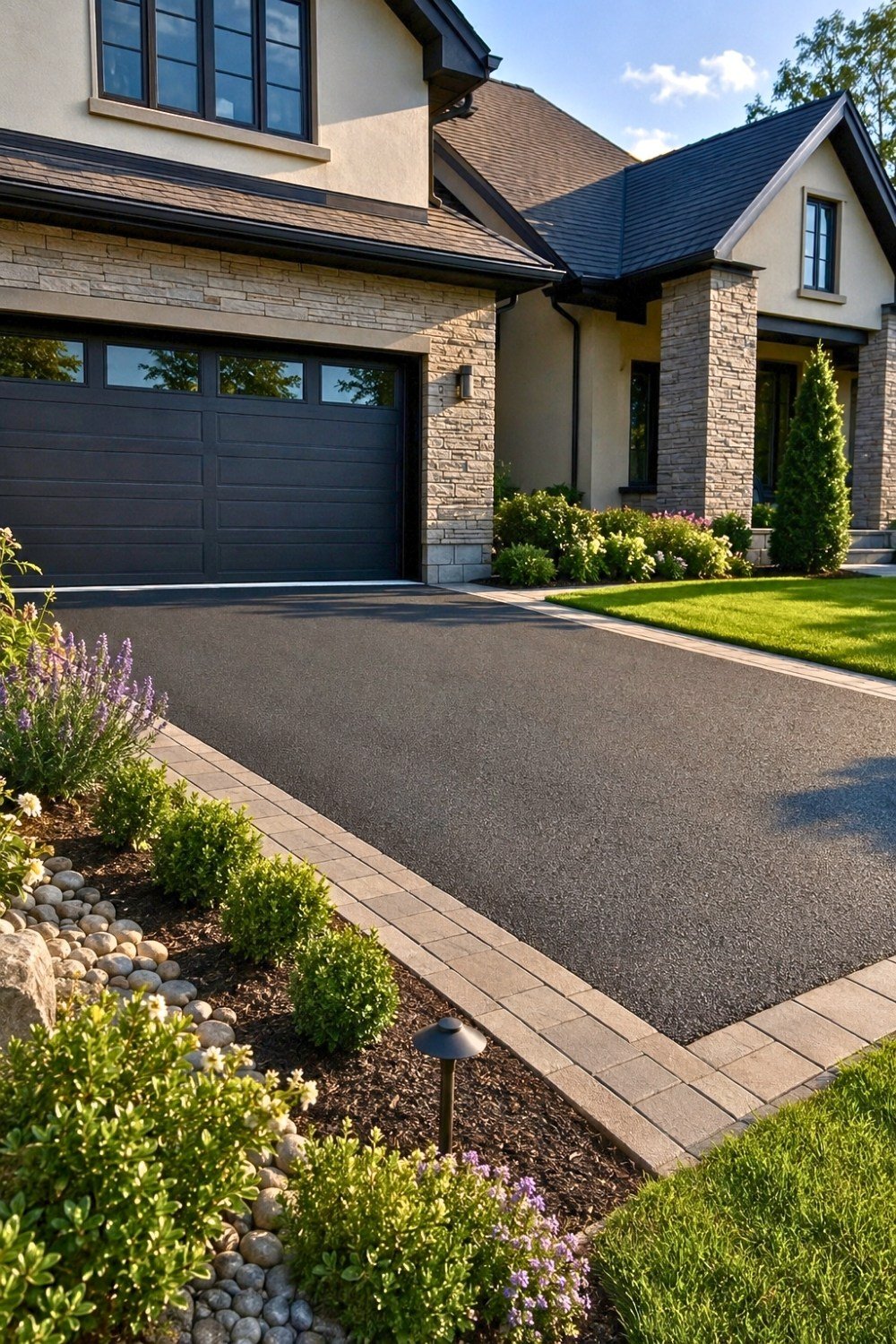 9. Black Concrete Driveway Decor Ideas with Clean Border Pavers, Modern Front Yard Landscaping, and Low-Maintenance Garden Beds