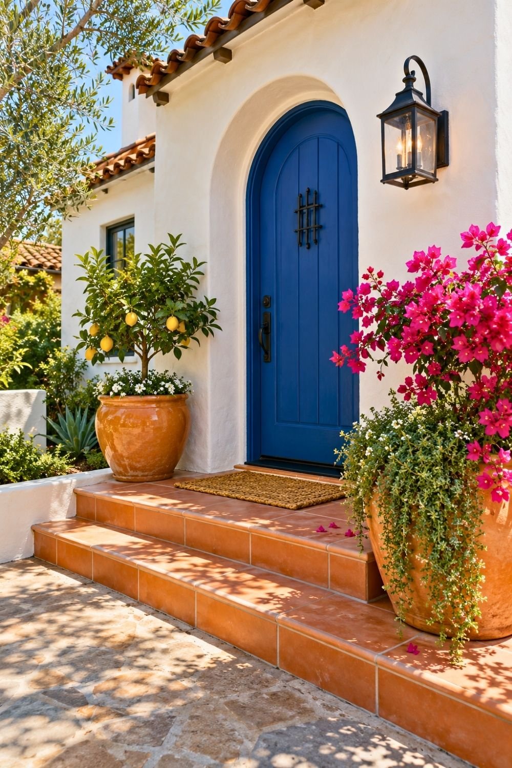 1. Mediterranean Outside Front Entryway Features an Arched Navy Door, Terracotta Stairs, and Lush Flower Pots