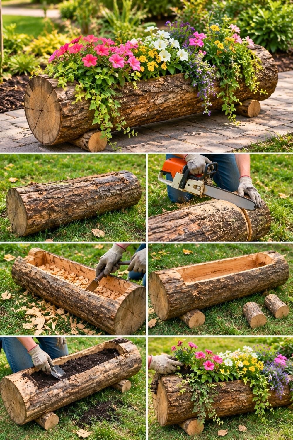 1. Hollowed Tree Log Turns Into a Rolling Flower Planter Packed With Colorful Garden Blooms