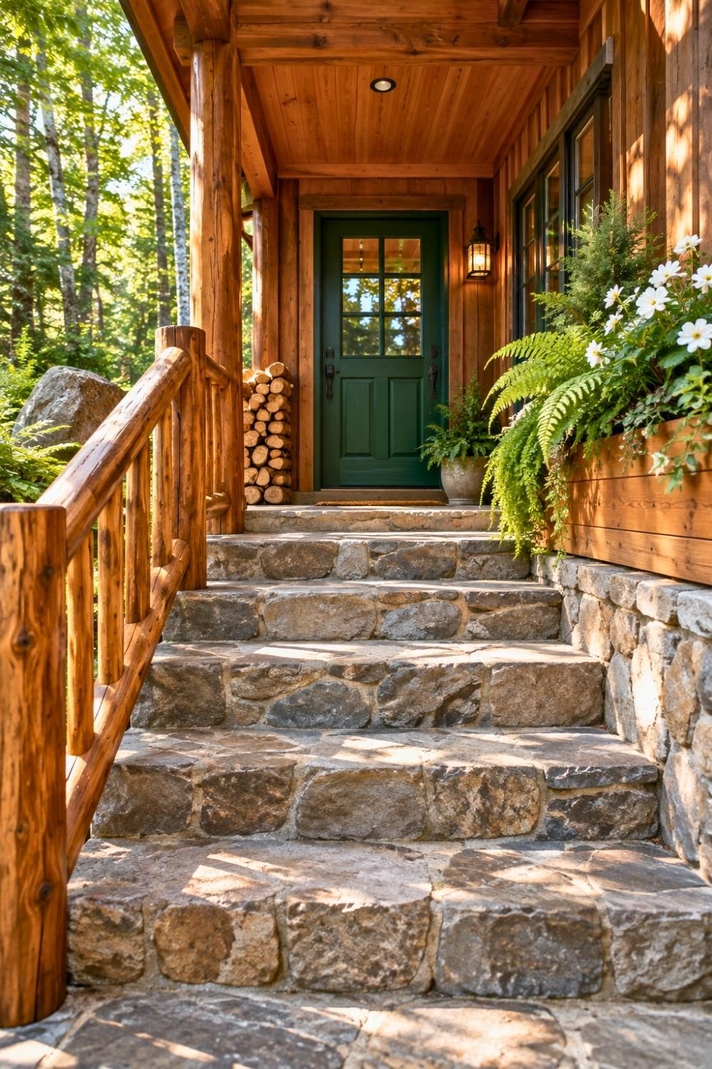 10. Rustic Cabin Front Porch Welcomes Guests with a Forest Green Door, Natural Stone Stairs, and Lush Planters