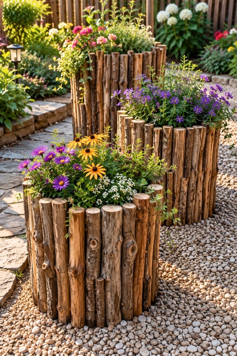 10. Upright Branch Pieces Form Rustic DIY Flower Planters Along a Sunny Gravel Garden Path