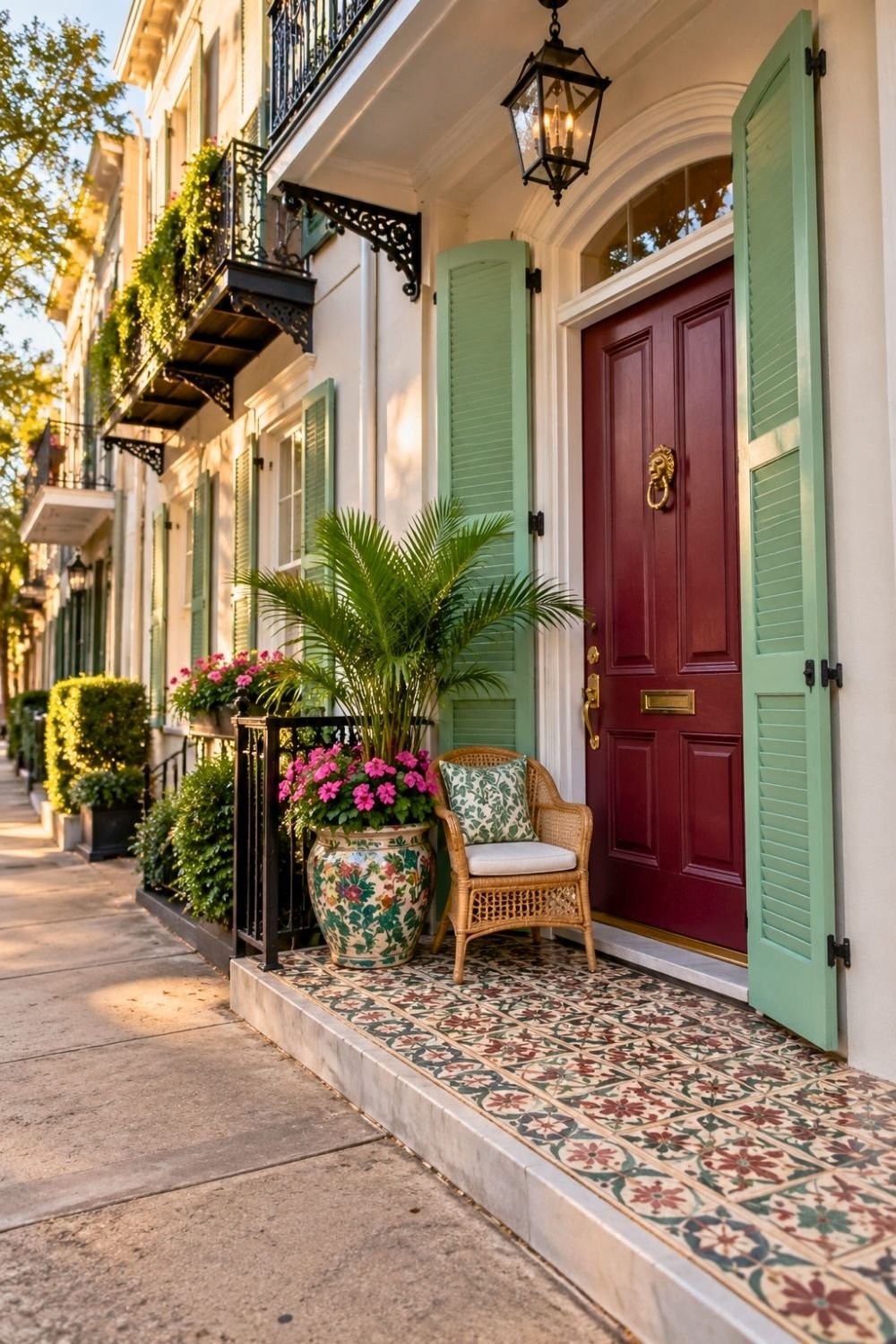 11. Historic Southern Front Entryway Features a Burgundy Door, Sage Green Shutters, Patterned Tile, and Floral Pots