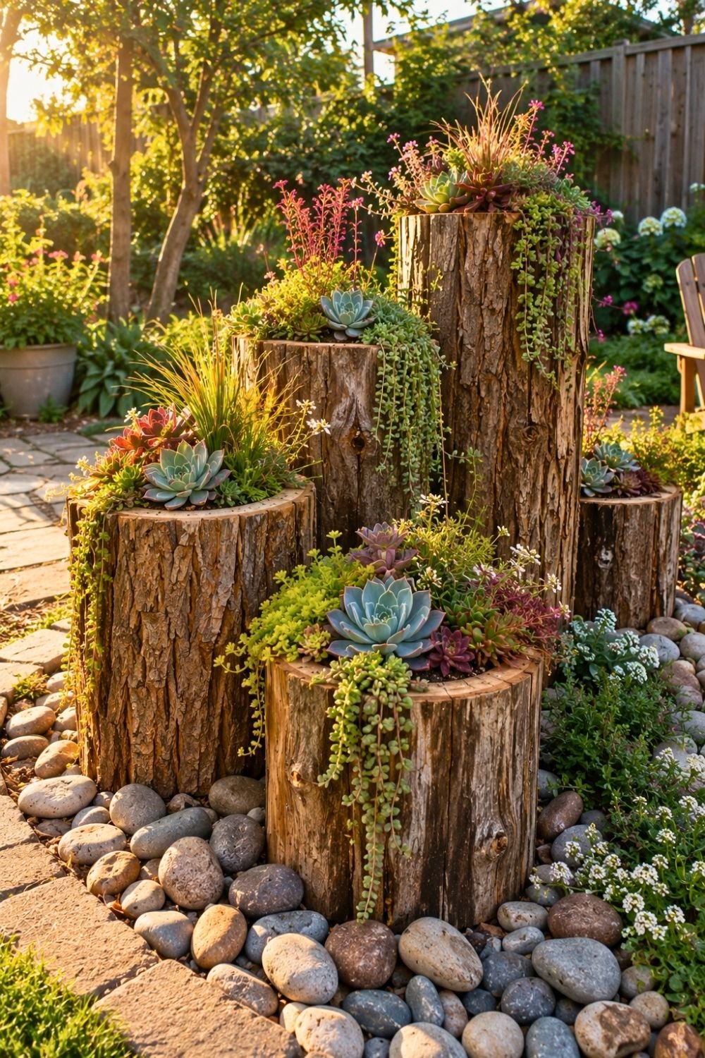 11. Tiered Tree Stumps Display Succulents and Trailing Plants in a Sunlit DIY Garden Arrangement